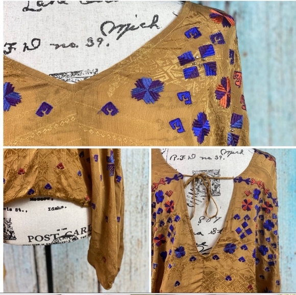 Free People Mustard Music In Time Embroidered Bishop Sleeve Top sz S - Picture 5 of 7